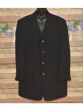 VTG Falcone Suit Jacket Blazer Size 46L Metallic Black Pinstripe Long Zoot Suit